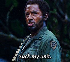 A still of Kirk Lazarus from Tropic Thunder, mid-line about units