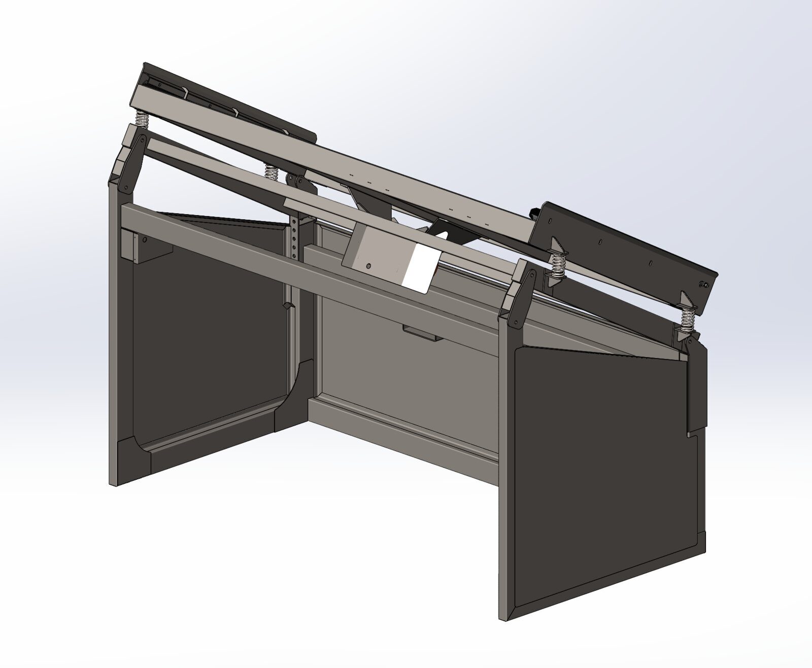 CAD model of the topsoil screener: a tilted screen deck on springs over a steel base