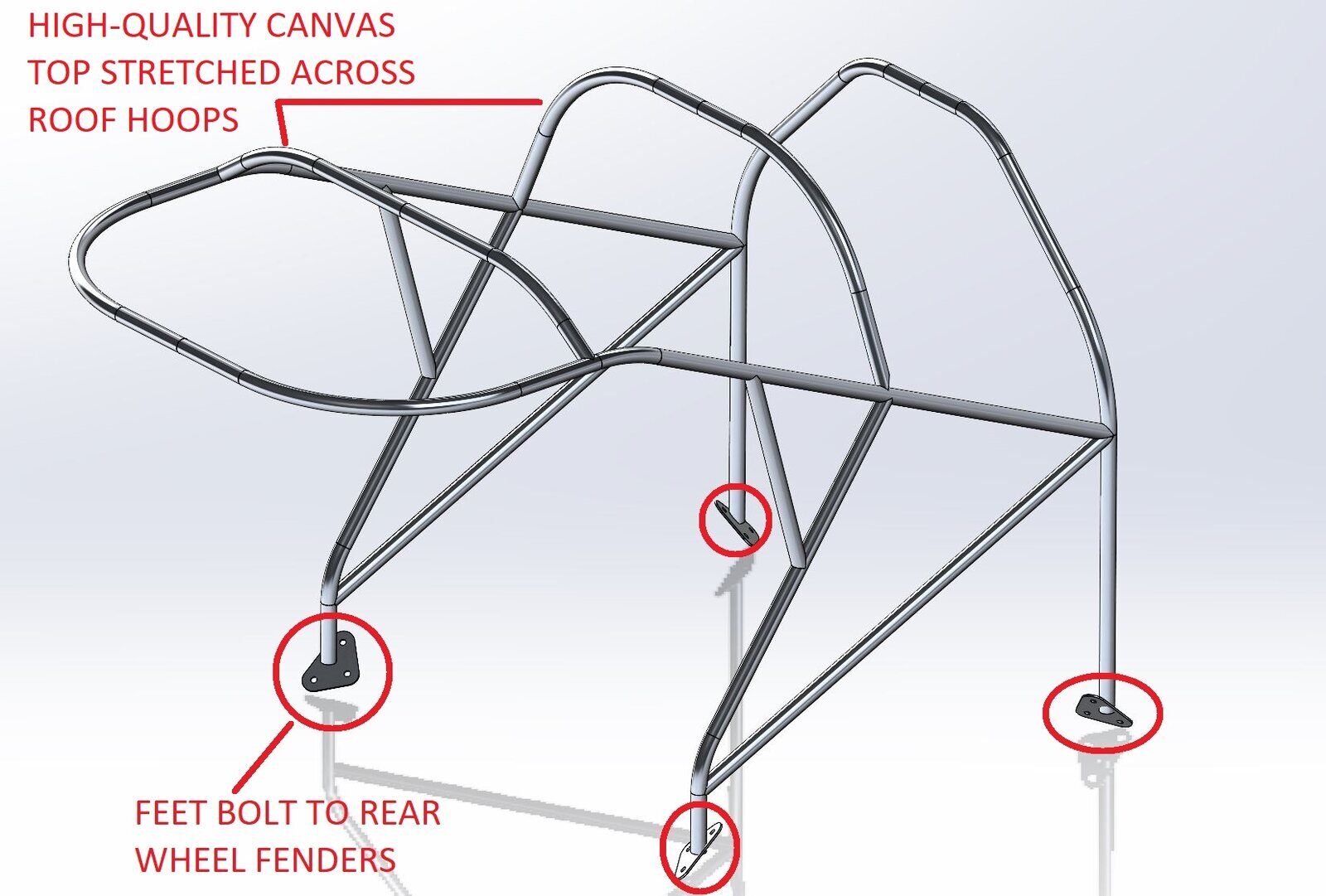 Annotated CAD model of the tractor's aluminum roof frame